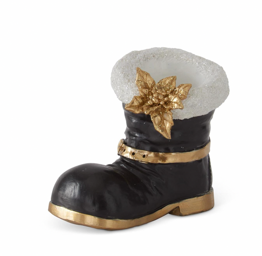 Royal Court Collection - 4.25" Black Santa Boot w/White Trim & Gold Poinsettia