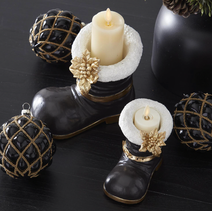 Royal Court Collection - 6.25" Black Santa Boot w/White Trim & Gold Poinsettia