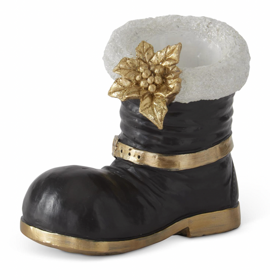 Royal Court Collection - 6.25" Black Santa Boot w/White Trim & Gold Poinsettia