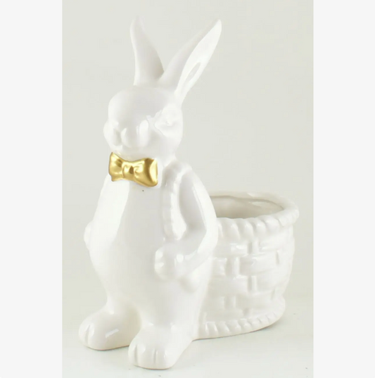 9" White Ceramic with Gold Accents Bunny & Basket
