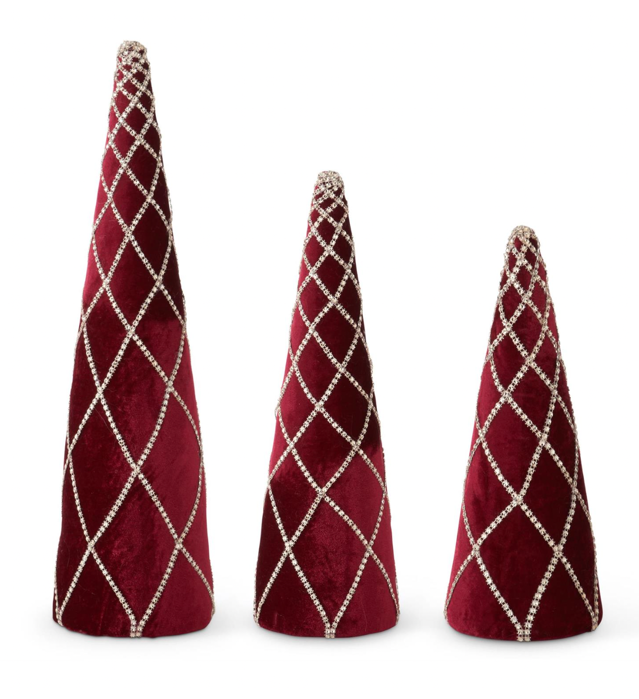 Royal Court Collection - Set of 3 Burgundy Velvet Cone Trees w/Gold Ribbon Trim