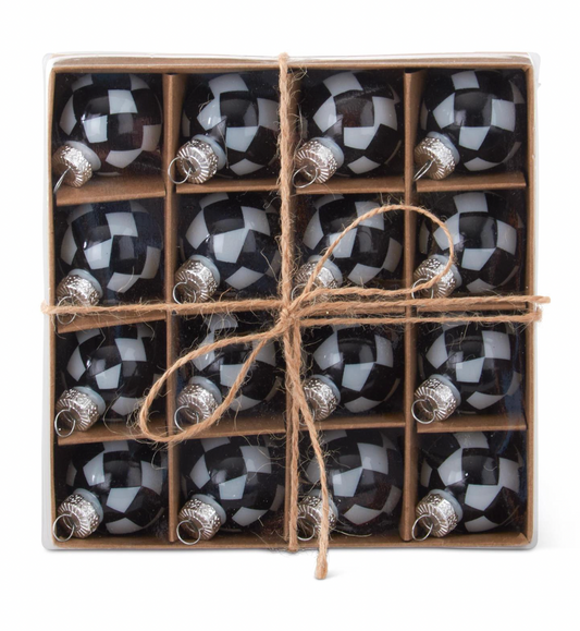 ROYAL COURT COLLECTION - 1 Box of 16 Mini 1" Black & White Check Glass Ornaments
