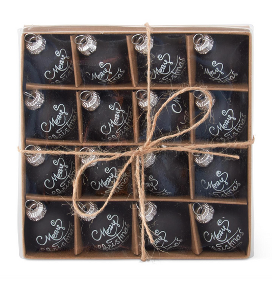 ROYAL COURT COLLECTION - 1 Box of 16 Mini 1" Black Black Merry Christmas Glass Ornaments