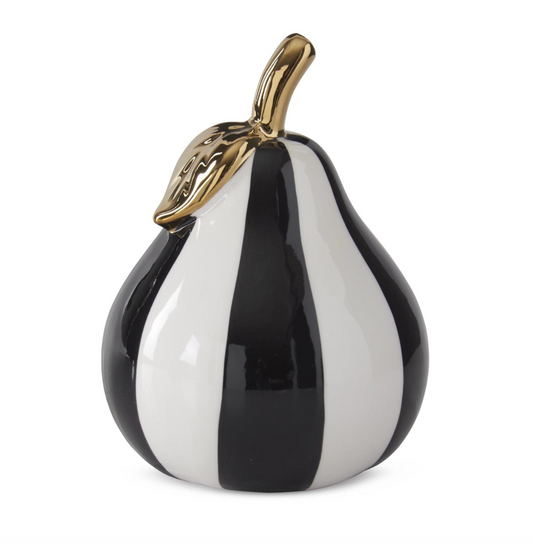 6" Black & White Striped Ceramic Pear w/Gold Accents