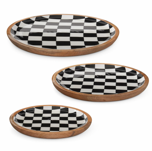 Set of 3 - Black & White Check Enameled Round Wood Nesting Trays