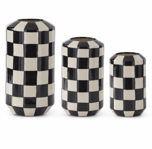 Set of 3 Ceramic Black & White Check Vases