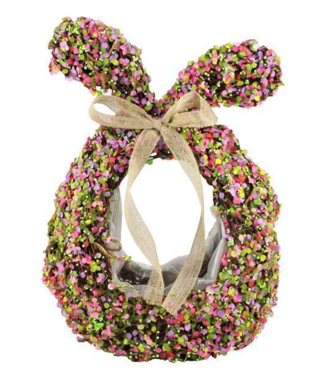 13.75"H X 10.25"L GREEN, PINK AND BROWN RATTAN BASKET WITH BOW