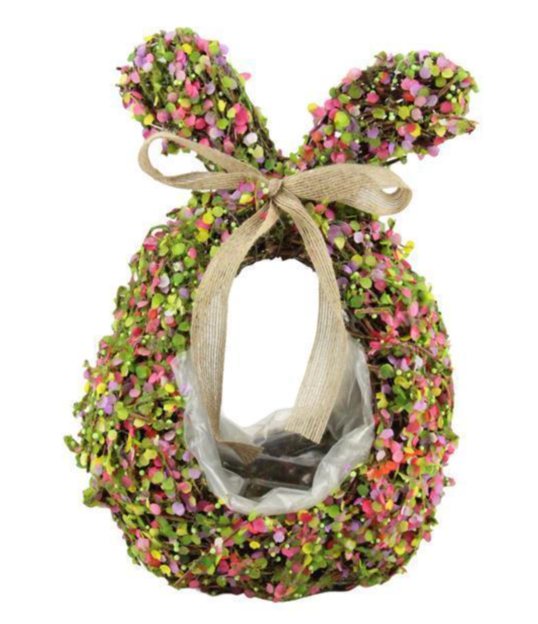 11.75"X8.5"L GREEN, PINK AND BROWN RATTAN BASKET WITH BOW