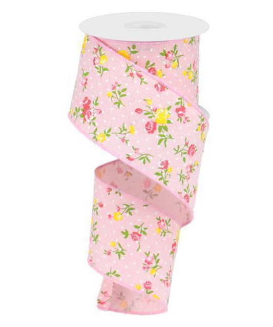 2.5"X10YD VINTAGE FLORAL WITH DOTS RIBBON - PINK
