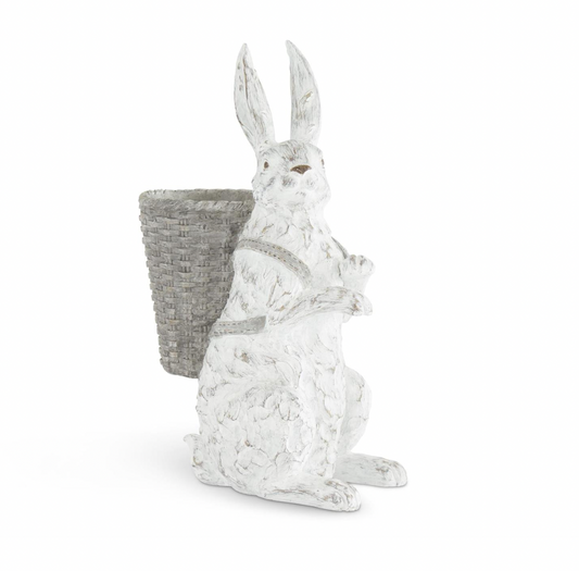16.5" Whitewashed Resin Bunny with Open Basket