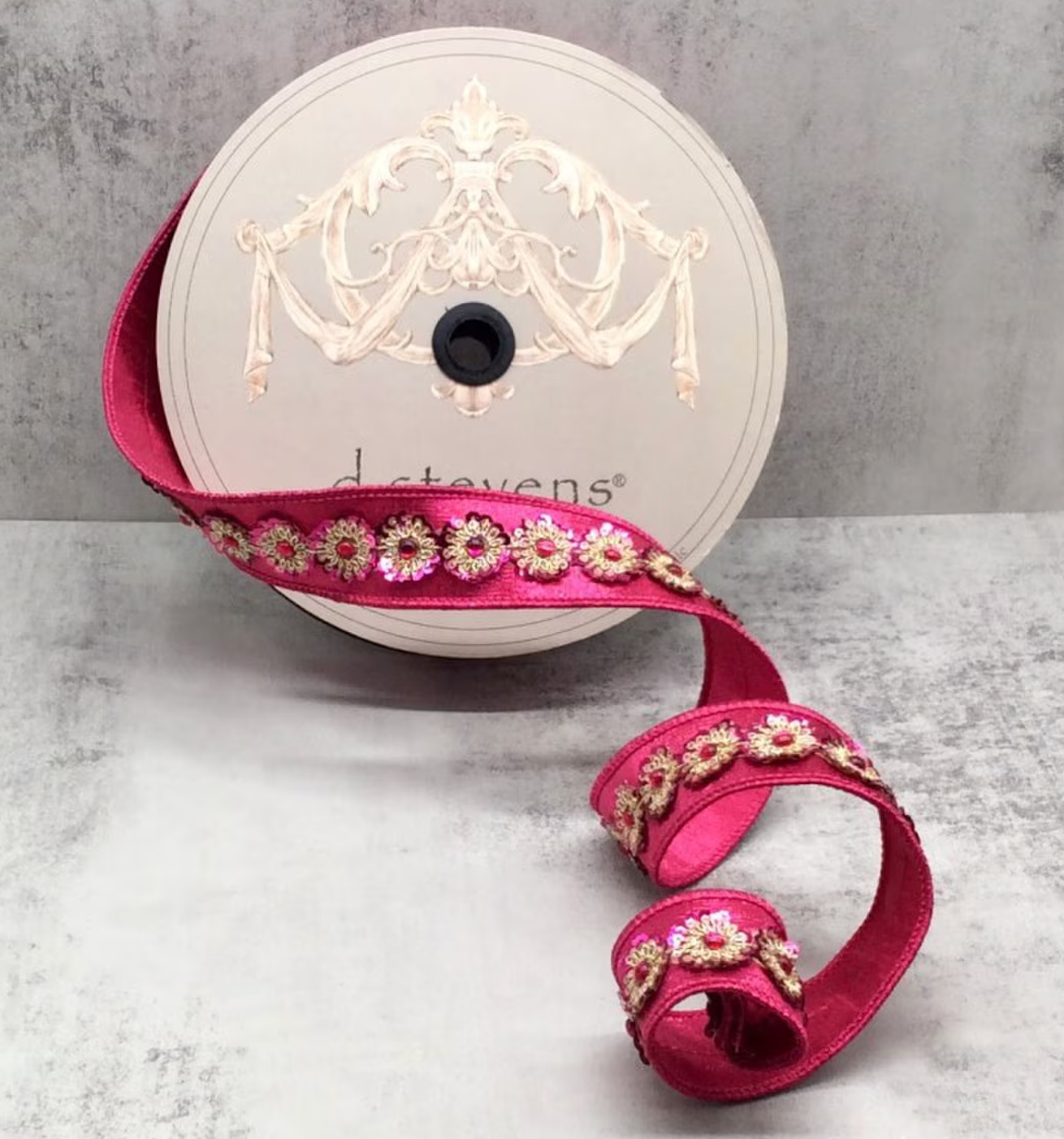 1.5" x 10yds metallic dupion gold hot pink sequin trim, hot pink