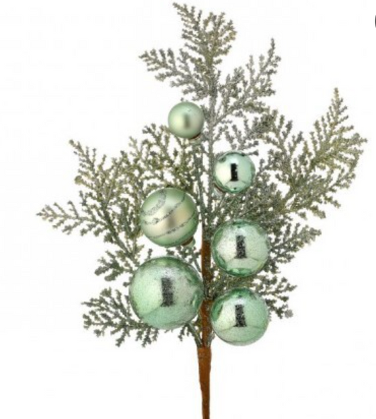 15" GLITTER BALL METALLIC CEDAR SPRAY-MINT