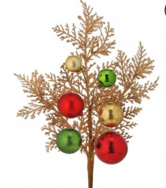 15" GLITTER BALL METALLIC CEDAR SPRAY GREEN/GOLD/RED