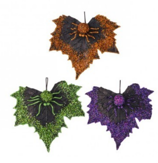 10" SEQUIN SPIDER W/LEAF 3/AST Orange/Green/Purple