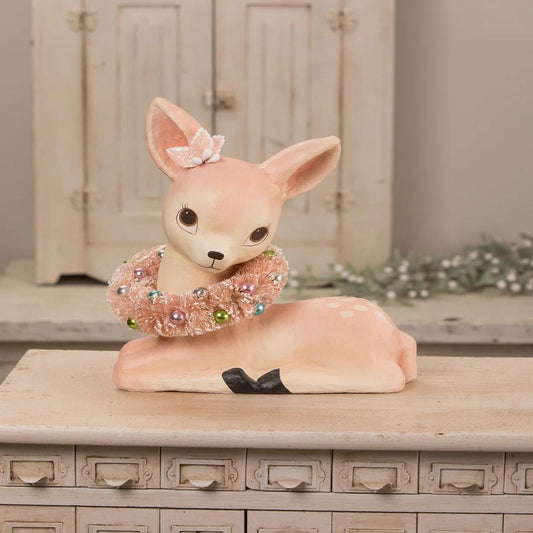 Bethany Lowe Sweet Pastel Pink Fawn With Wreath Paper Mache