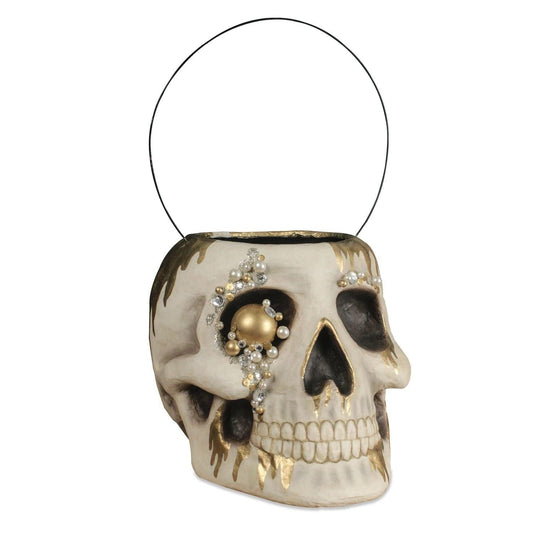 Bethany Lowe All Hallows' Eve Jeweled Skull Bucket Paper Mache