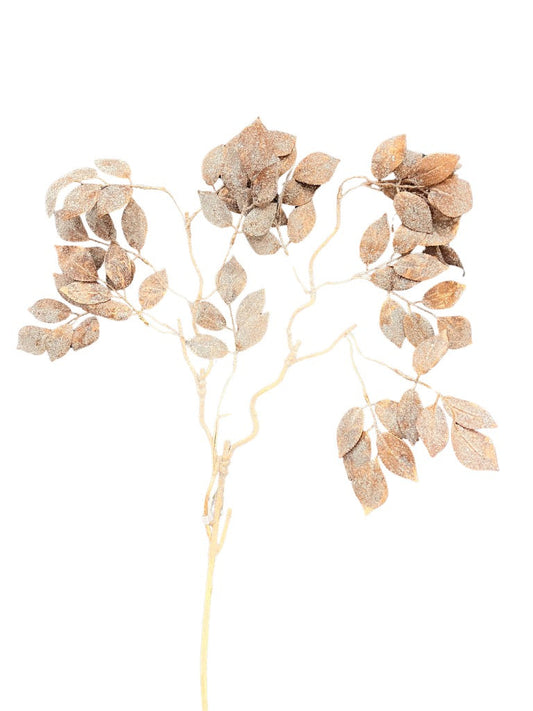 36" Glittered Rose Leaf Spray Brown