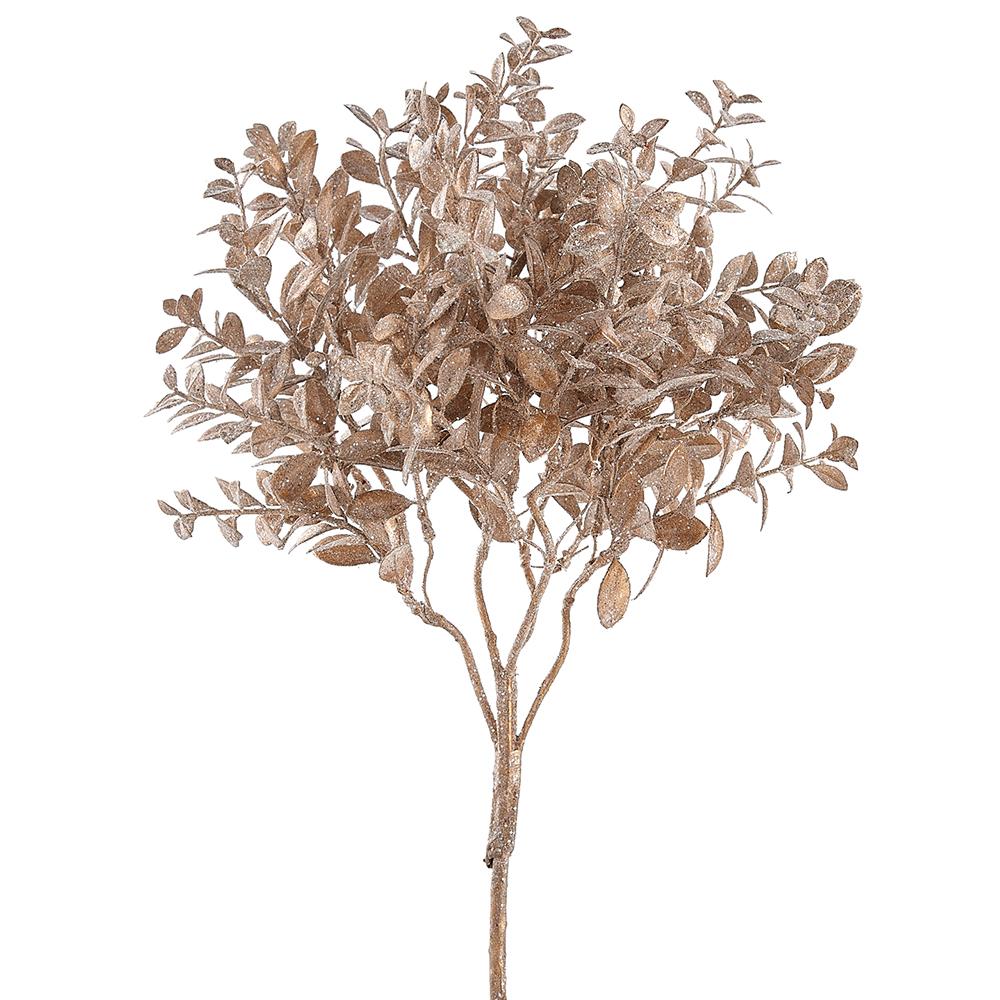17" Glittered Mini Boxwood Leaf Spray Champagne