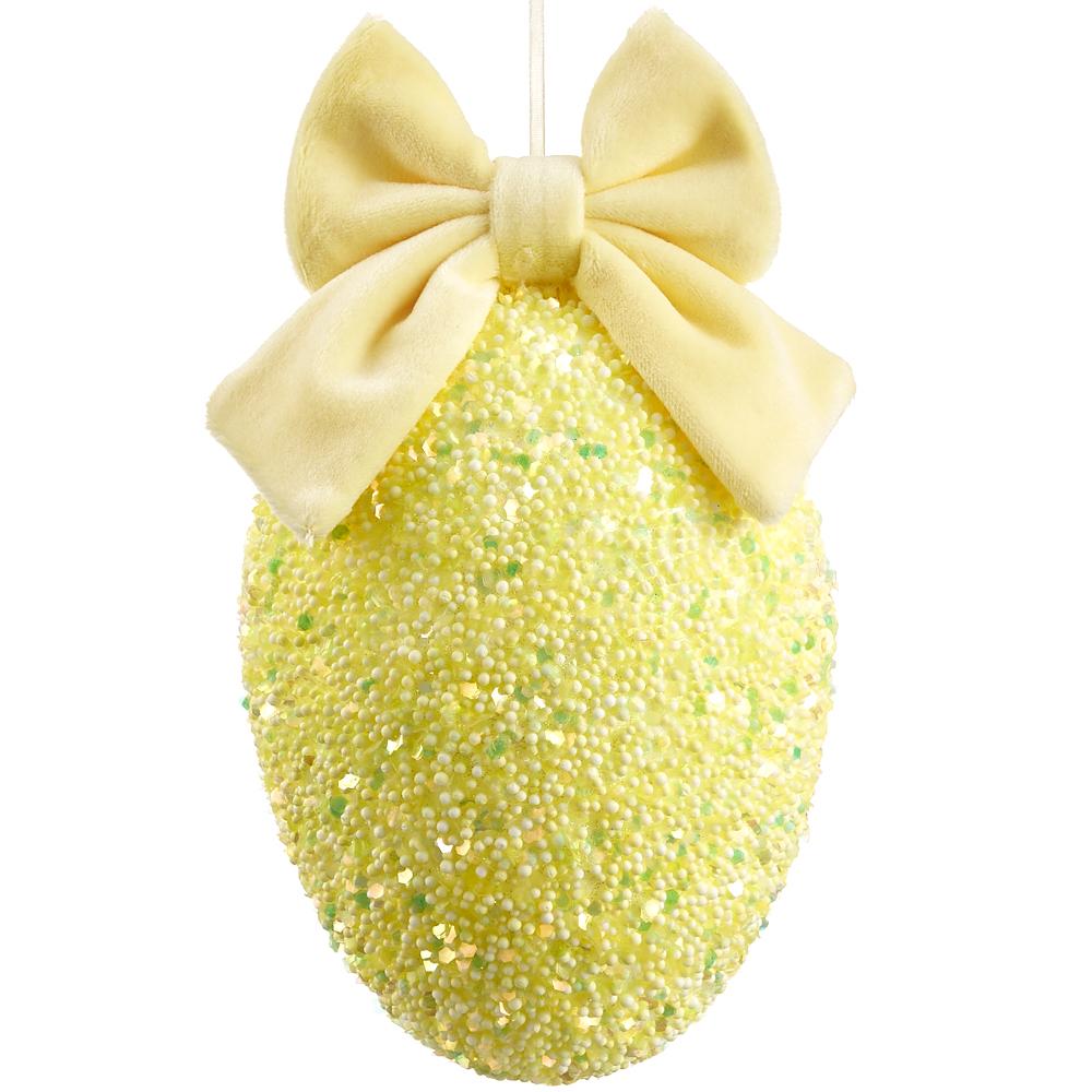 7.5" Glittered Egg Ornament With Bow Yellow