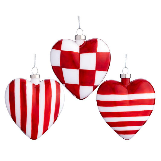 4.25" Glass Heart Ornament - SET OF 3 - Red White