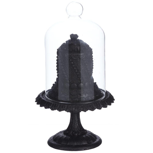 6" HALLOWEEN BLACK GLITTERED CAKE IN GLASS DOME STAND