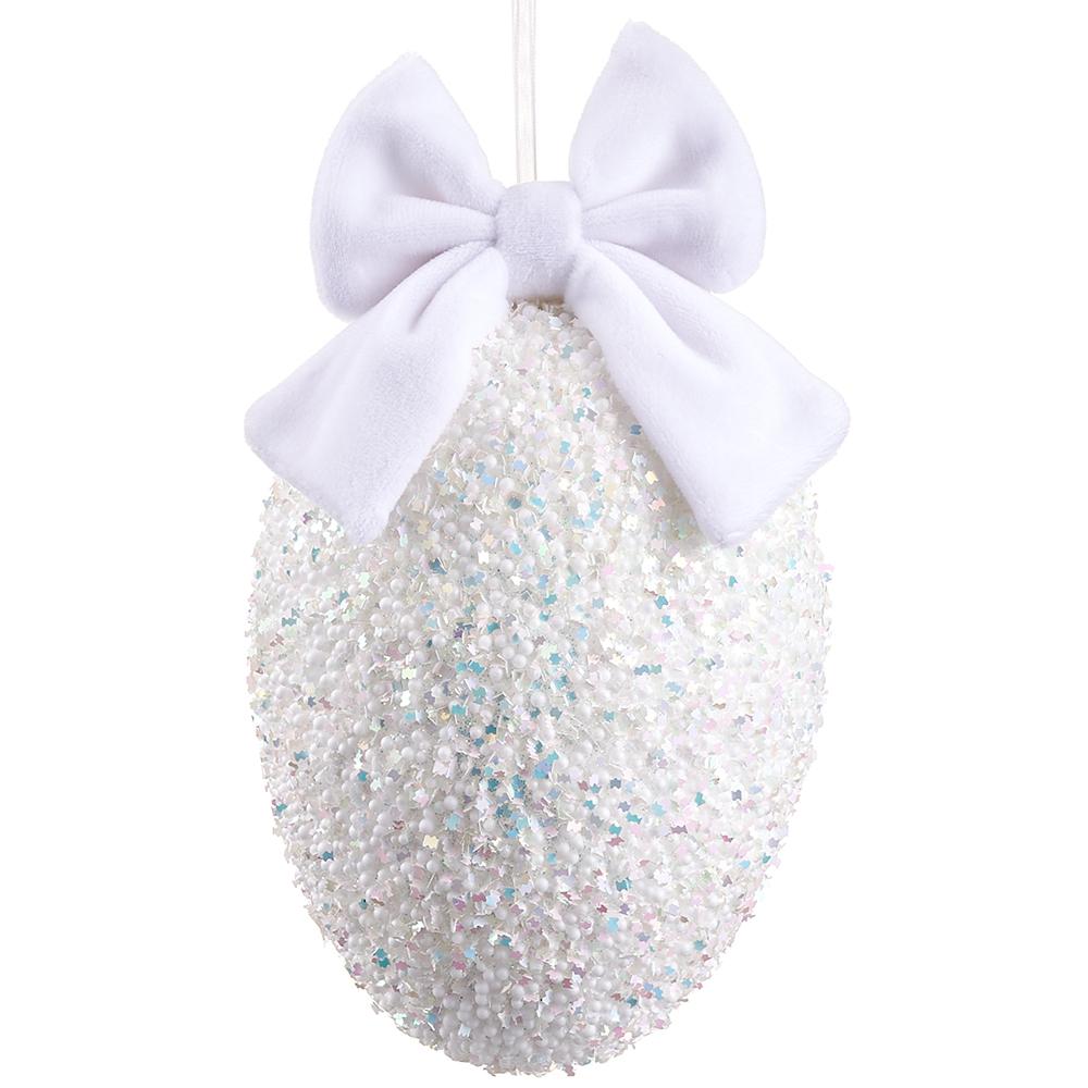 7.5" Glittered Egg Ornament With Bow White