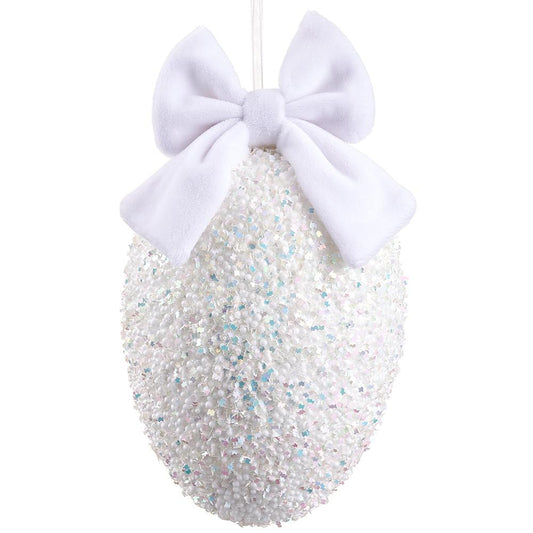 7.5" Glittered Egg Ornament With Bow White
