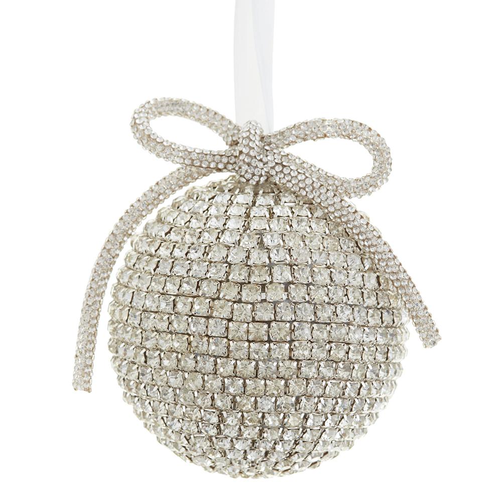 Royal Court Collection - 4" Rhinestone Ball Ornament With Bow Silver