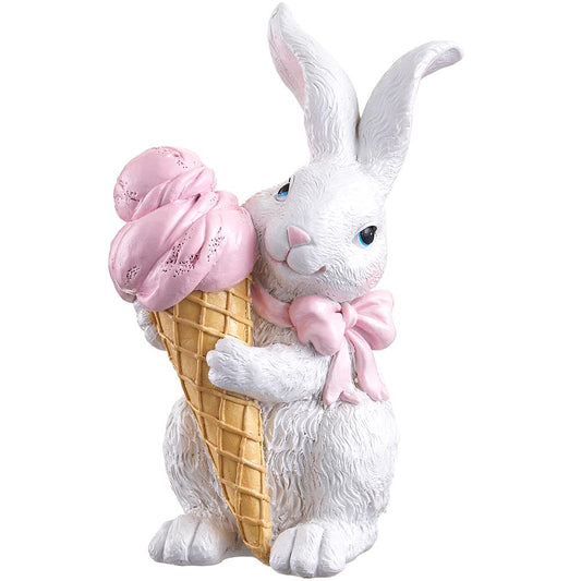 8" Bunny Holding Ice Cream Cone White Pink