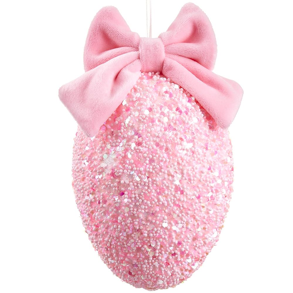 7.5" Glittered Egg Ornament With Bow Pink
