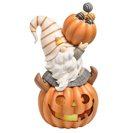 December Diamonds Candy Corn Halloween 16" Gnome Sitting On Pumpkin