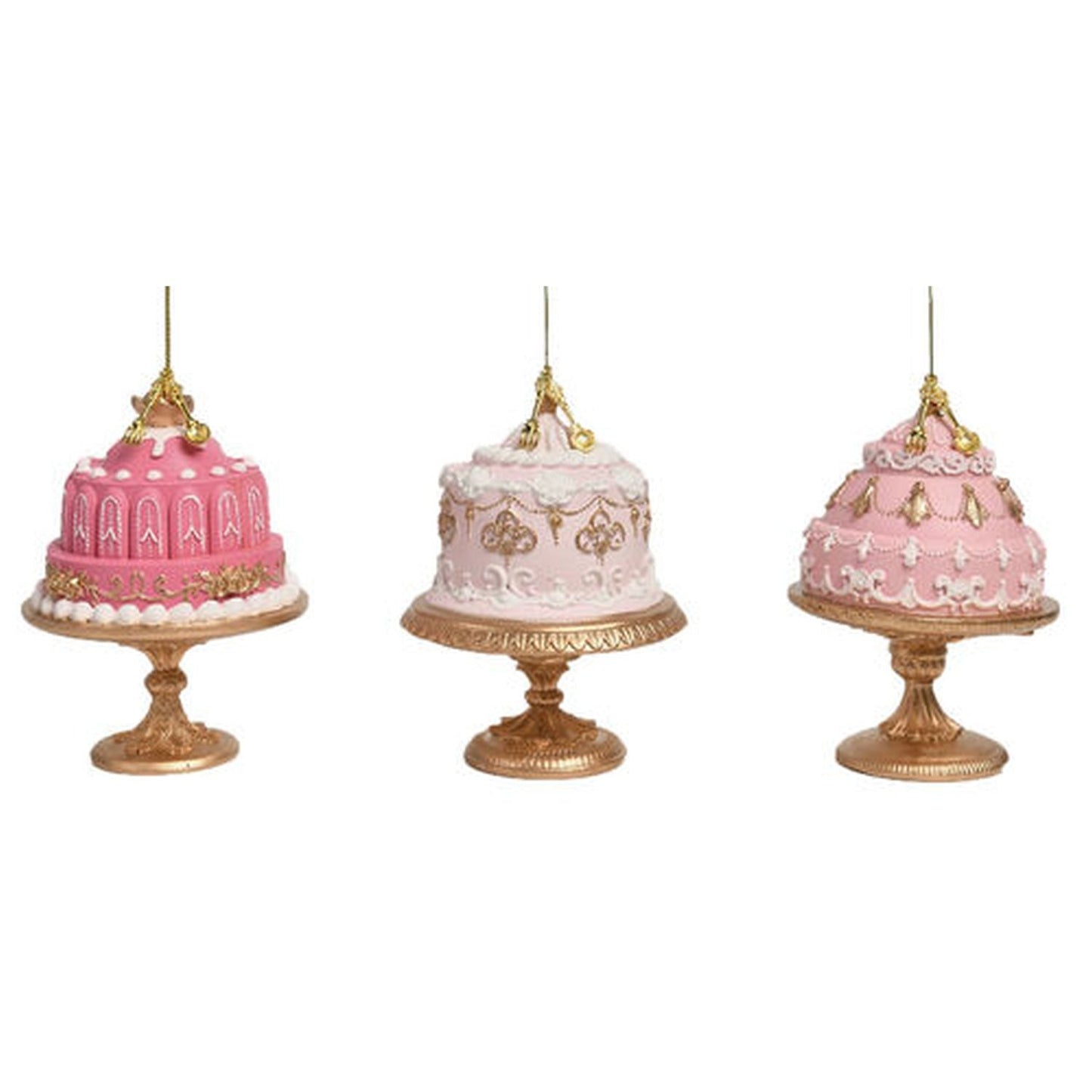 3 Assorted Pink Cakes On Gold Base Ornaments.