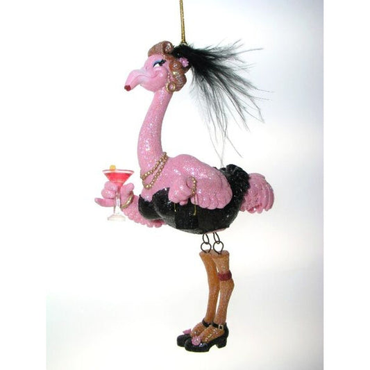 December Diamonds Lace Flamingo Holding Drink Christmas Ornament