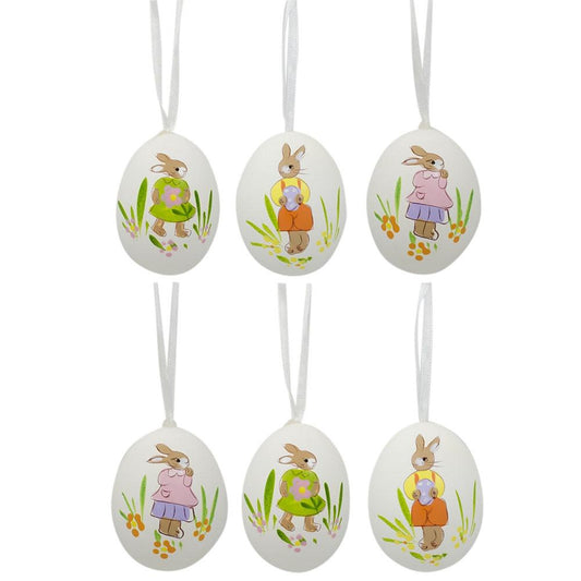 Set of 6 Real Eggshell Hand Painted Bunny Easter Egg Ornaments