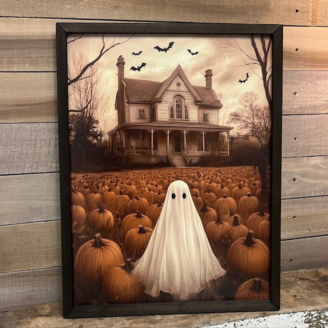 18X24 GHOST IN PUMPKIN FIELD BOXWOOD FRAME