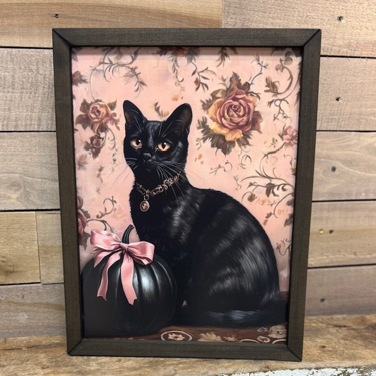 18x24 BLACK CAT WITH PUMPKIN - BOXWOOD FRAME