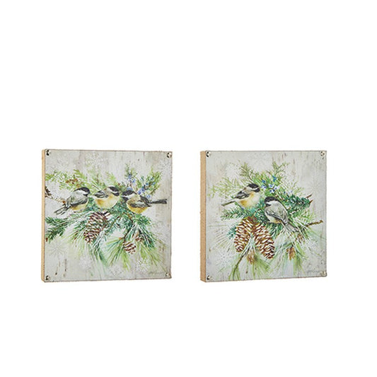 Raz Imports 2022 Winter Cottage 10" Chickadees Block Wall Art, Asst Of 2