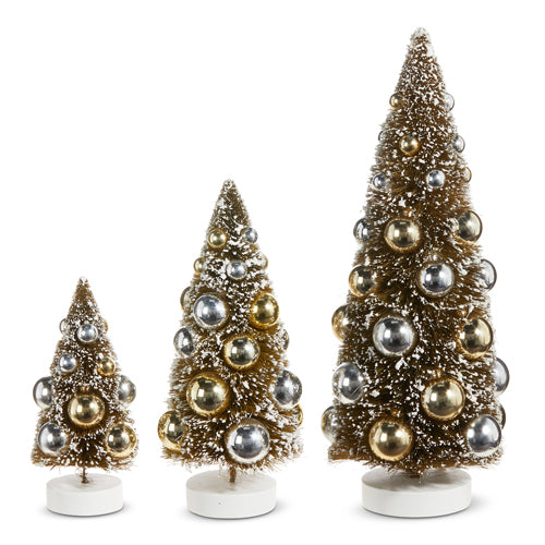 Bon Noel 12" Bottle Brush Trees With Champagne And Silver Ornaments, Set of 3