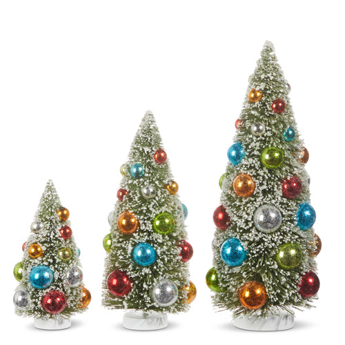 Raz 2023 Vintage Farmhouse 12" Snowy Bottle Brush Trees With Ornaments, Set of 3