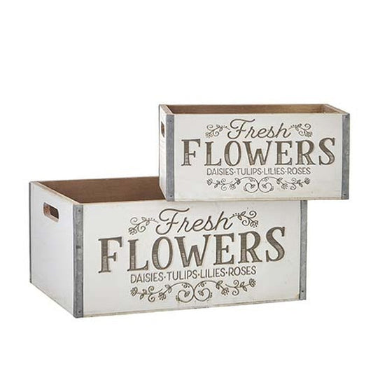 Raz Imports The Greenhouse 13.5" Fresh Flowers Laser Etched Crate, Set of 2