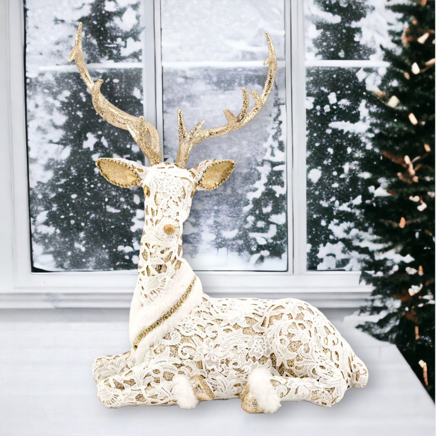 December Diamonds Winter Floral 19-Inch White & Gold Deer Laying