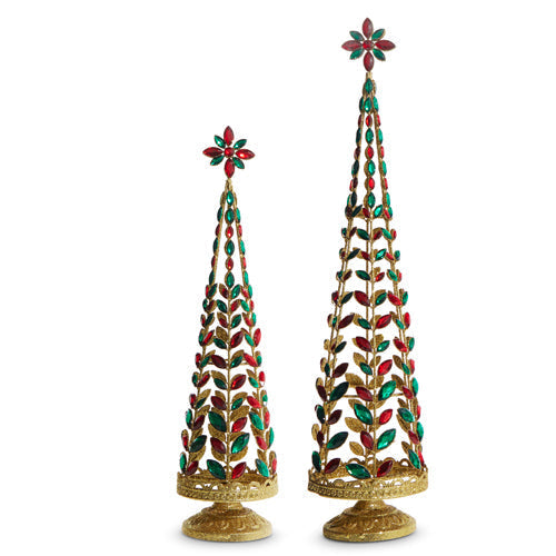 Classic Carols 24.5" Red And Green Jeweled Trees With Gold Glitter, Set of 2