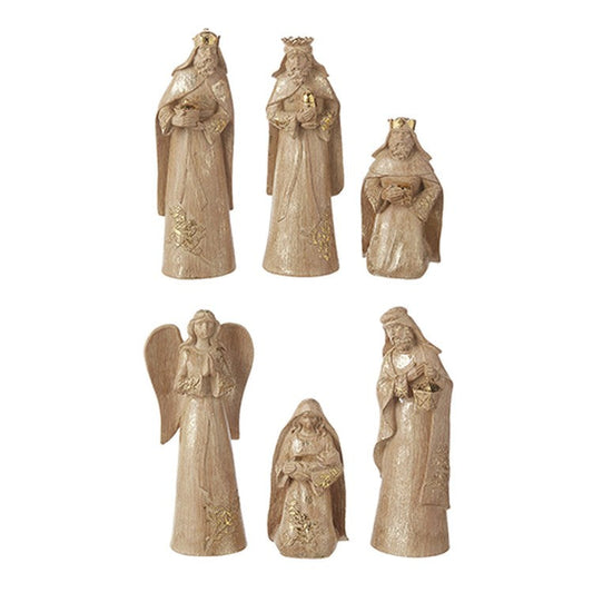 Raz Imports 2022 Evergreen & Gold 7.5" Gold Leaf Nativity, Set of 6