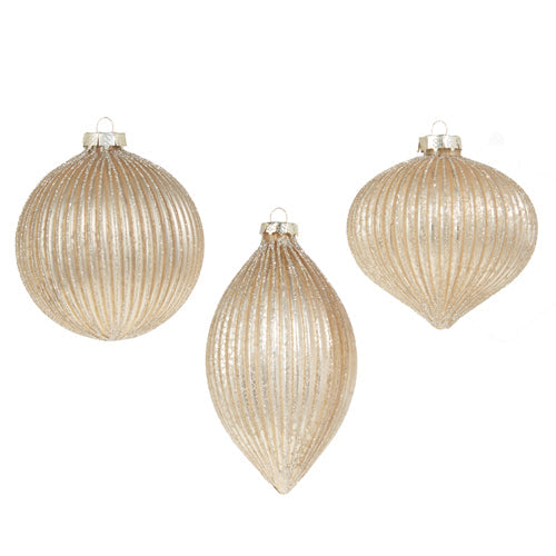 Raz Imports 2023 Natural Noel 4" Champagne Glitter Ribbed Ornament, Asst of 3