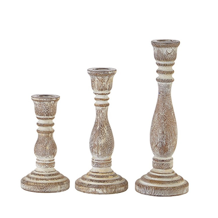 Raz Imports 2022 Winter Cottage 10.5" Wood Embossed Candlestick, Set of 3