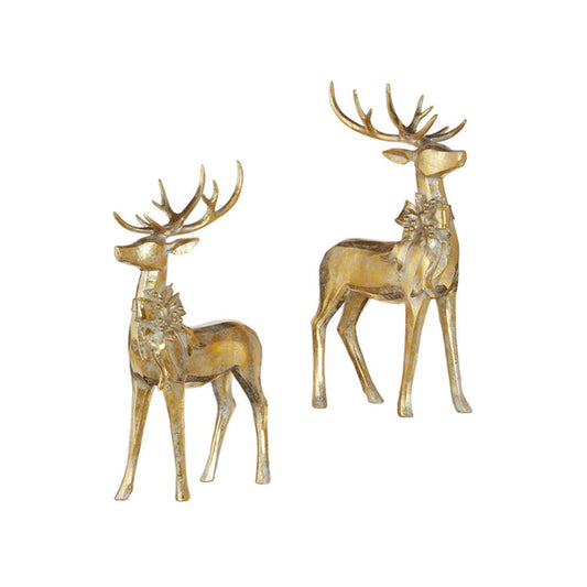 Raz Imports 2021 16.75-inch Aged Gold Deer with Bow Figurine, Assortment of 2