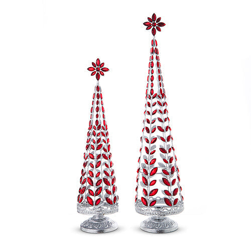 Raz 2023 Holiday Cheers 24.5" Red Jeweled Trees With Silver Glitter, Set of 2