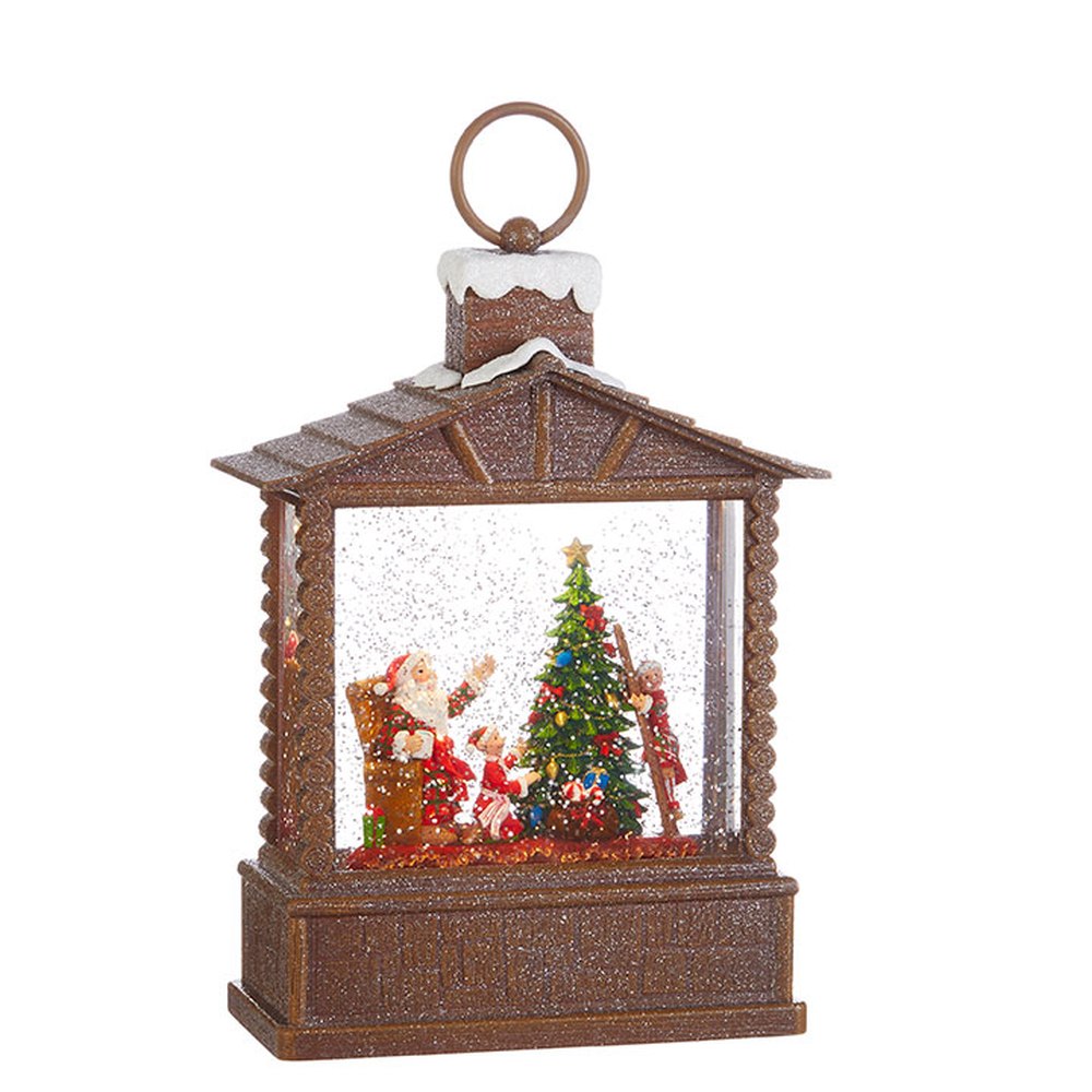 Raz Imports Holiday Water Lanterns 10" Santa and Elves Lighted Water Log Cabin