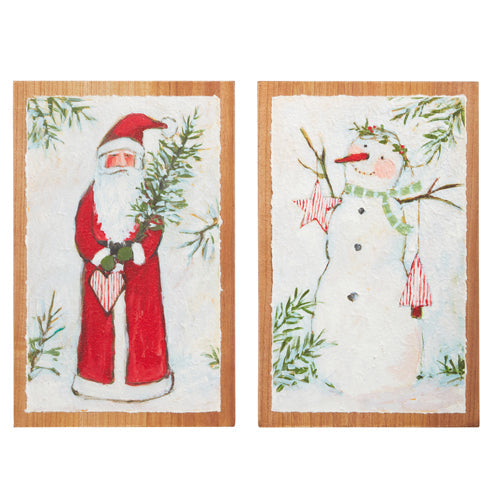 Raz 18" Santa And Snowman Textured Paper On Wood Wall Art, Asst of 2