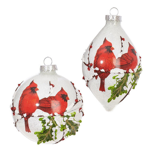 Raz Imports 2020 4-Inch Iced Ornament With Cardinals, Assortment of 2